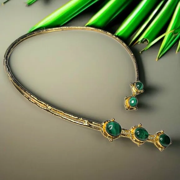 Spectacular 18k Gold Plated Artisan Genuine Malachite Stone Torque Necklace - Picture 3 of 6